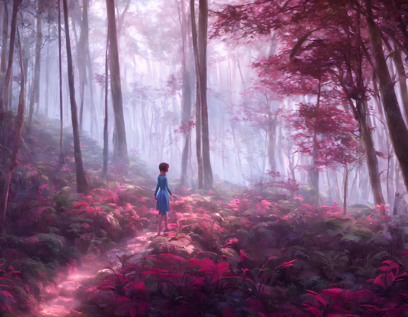 Person in misty pink forest with tall trees and vibrant foliage.