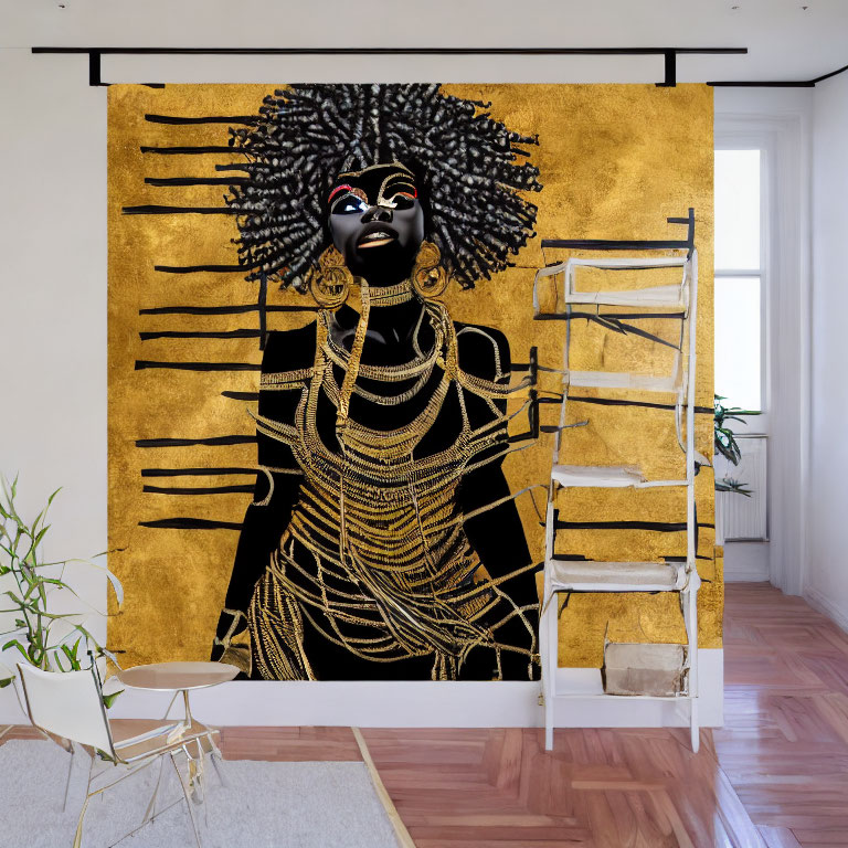 Elaborate dark hair woman mural in modern room