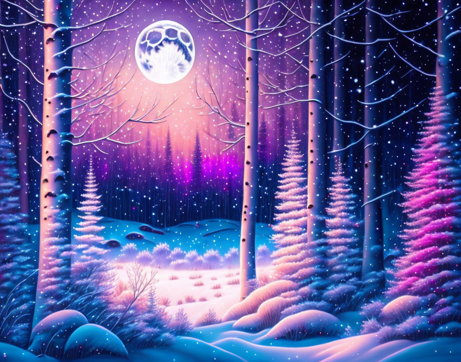 Snow-covered trees under full moon and aurora borealis in winter night