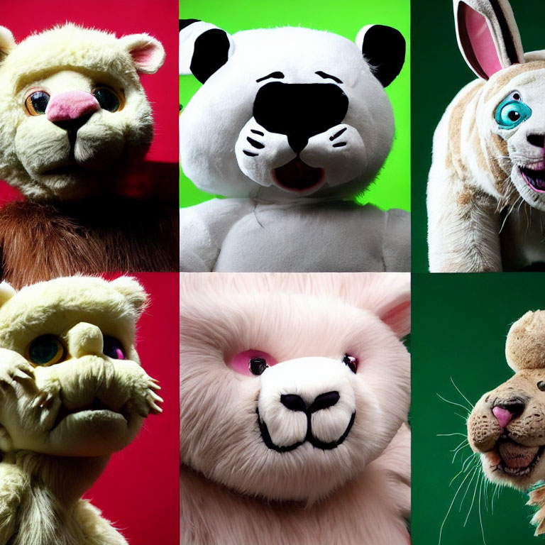 Six Plush Animal Heads Collage on Multicolored Backgrounds