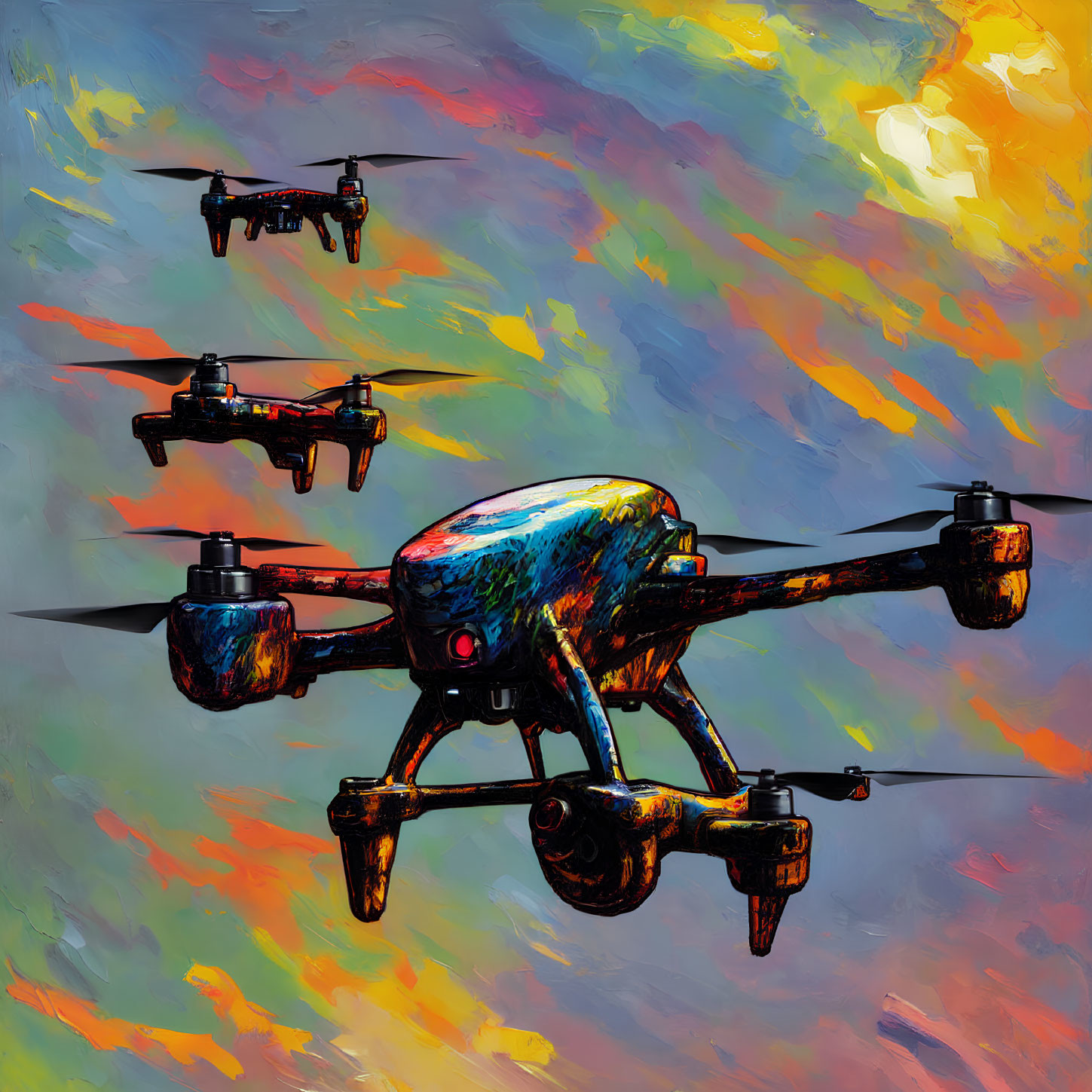 Colorful abstract painting style with three drones flying