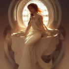 Serene woman in flowing dress by circular window with leaves and warm light