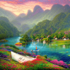 Scenic landscape with person rowing boat in serene river surrounded by lush greenery, blooming flowers