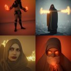 Collage of individuals in desert-themed attire with magical fire elements