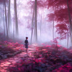 Person in misty pink forest with tall trees and vibrant foliage.