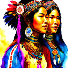 Indigenous Attire and Headdresses Against Abstract Yellow Background