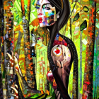 Digital Art: Person with Floral Body Paint in Autumn Forest