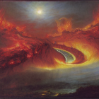 Fiery red and orange flames in otherworldly landscape