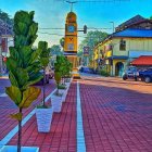 Colorful Cobblestone Town Square with Clock Tower & Plants