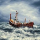 Red fishing boat battling turbulent ocean waves under stormy sky