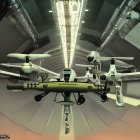 Futuristic aircraft with large windows and multiple engines in hangar