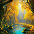 Tranquil forest scene with blue river, autumn trees, mossy stones