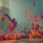 Indoor garden with purple flowers, floating crystals, and small character with drums