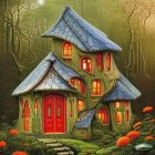 Enchanting fairytale house in misty forest with red door and colorful mushrooms