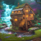 Enchanting fairy-tale cottage by waterfall and waterwheel