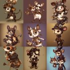 Nine anthropomorphic mouse illustrations in steampunk attire with goggles, top hat, and mechanical gadgets