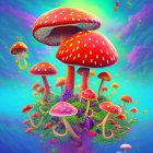 Colorful Mushroom Illustration on Floating Grass Patch Under Pink and Blue Sky