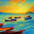 Boats on tranquil sea at sunset with vivid oranges and blues