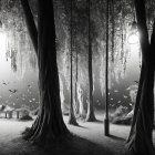 Monochrome fantasy forest with glowing lanterns and mystical ambiance