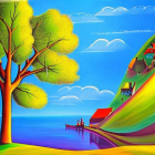 Colorful Landscape with Tree, Houses, Sky, and Riverbank