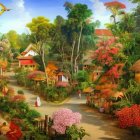 Lush Tropical Garden with Blooming Flowers and Flamingos