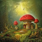 Enchanting forest scene with mushroom and tree houses in sunlight