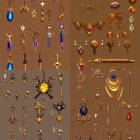 Ornate Golden Jewelry Pieces: Earrings, Pendants, Brooches