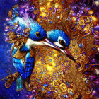 Colorful artwork of ornate bird with gem-like eyes in intricate golden setting