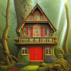 Fairytale cottage in mystical forest with vibrant flowers