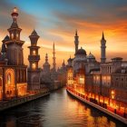 Colorful Coastal Village Sunset with Lighthouses and Birds