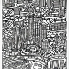 Monochrome line art of futuristic cityscape with varied buildings and spherical shapes