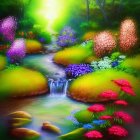 Colorful painting of serene stream in lush landscape with blooming flowers