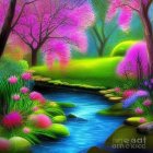 Colorful Painting of Stream in Lush Landscape