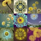 Nine-image Collage of Yellow Dandelion Flowers in Different Stages