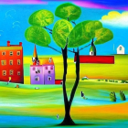 Colorful Landscape Painting with Houses, Tree, and Animals on Hills