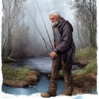 Elderly man with white beard fishing by misty river