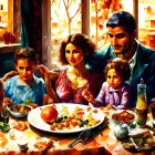 Colorful Family Dining Table Scene with Man and Three Girls