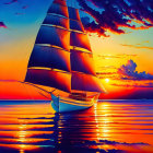 Colorful Digital Artwork: Sailing Ship on Reflective Ocean at Sunset