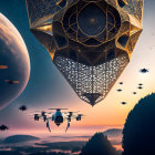 Futuristic dusk scene with flying vehicles, ornate structure, forest, and giant planet.