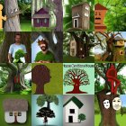 Whimsical illustrated scenes of treehouses and characters in a collage