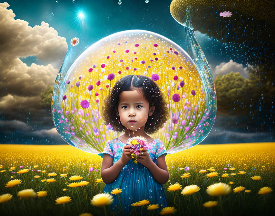 Young girl in blue dress surrounded by daisies and magical bubble