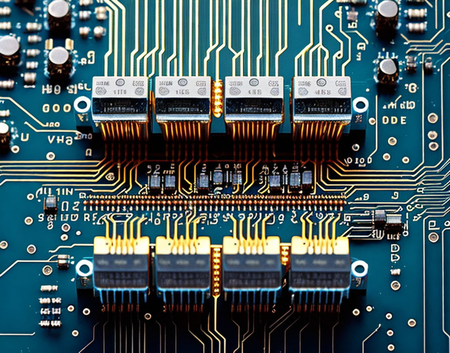 Detailed blue circuit board with golden connectors and microchips