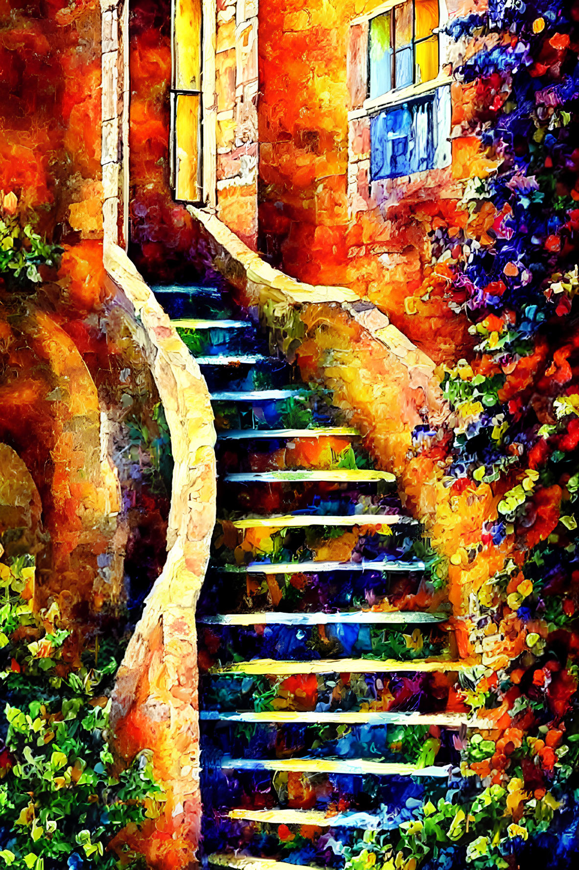 Colorful Flower-Lined Outdoor Staircase in Watercolor Style