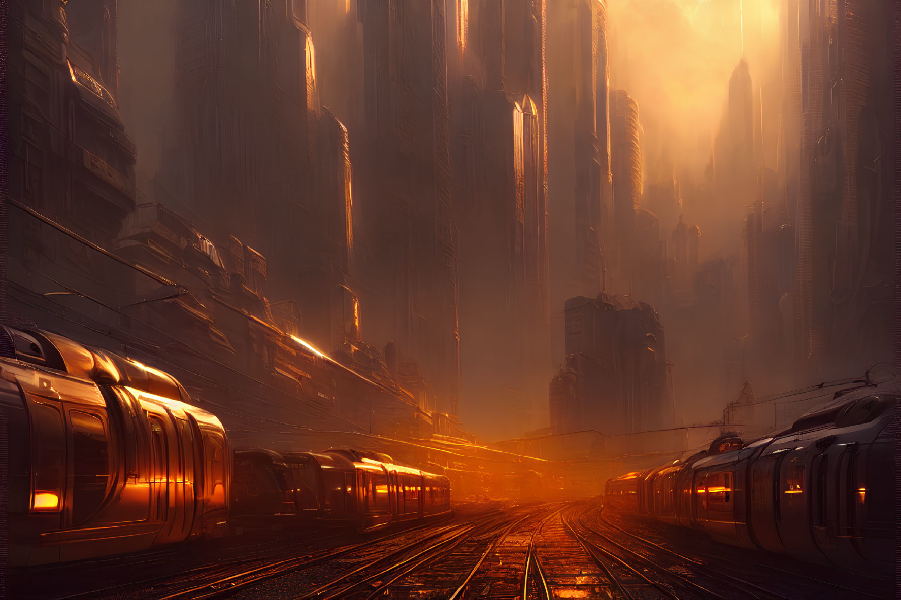 Futuristic cityscape at sunset with glowing skyscrapers and sleek trains