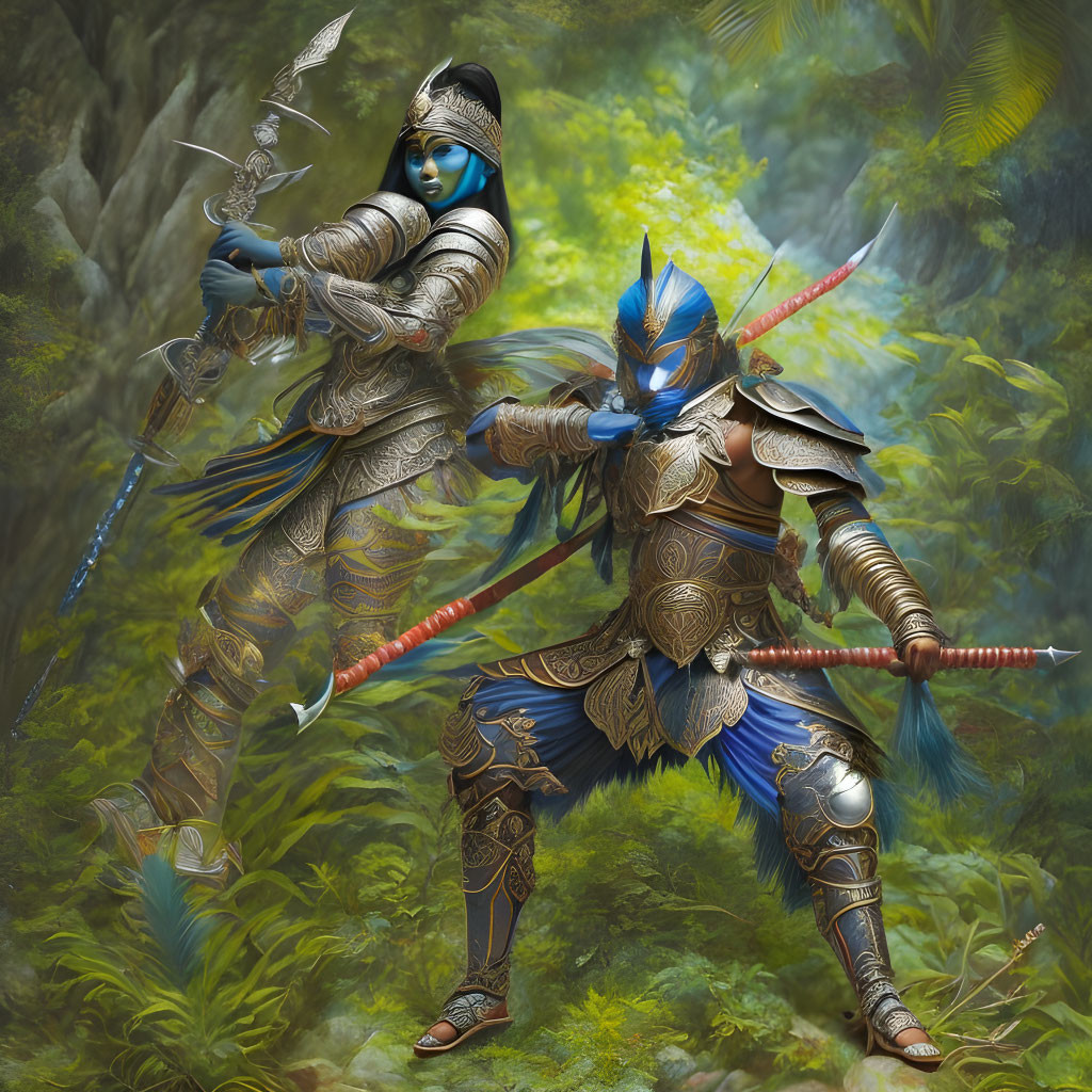 Armored fantasy warriors in lush forest setting