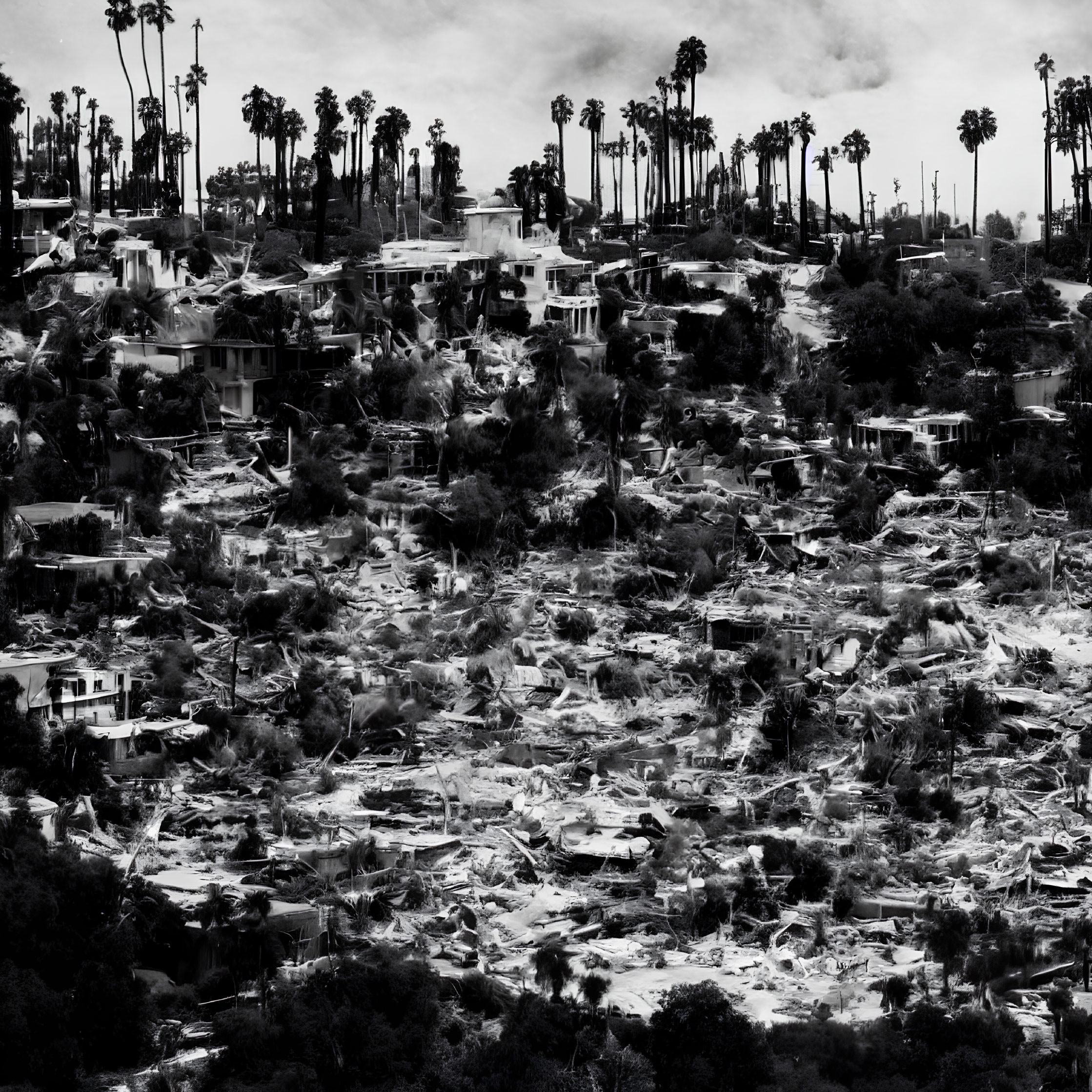 Devastated neighborhood with debris under gloomy sky.