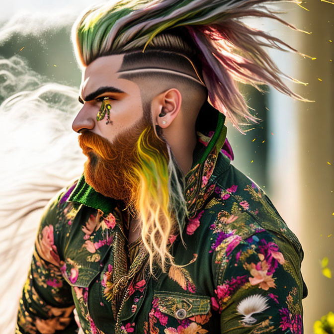 Colorful male figure with mohawk and floral jacket in surreal art piece