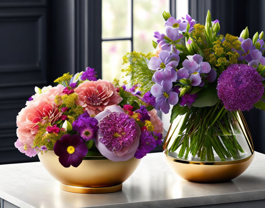 Colorful Floral Arrangements in Golden Bowls on Window Sill