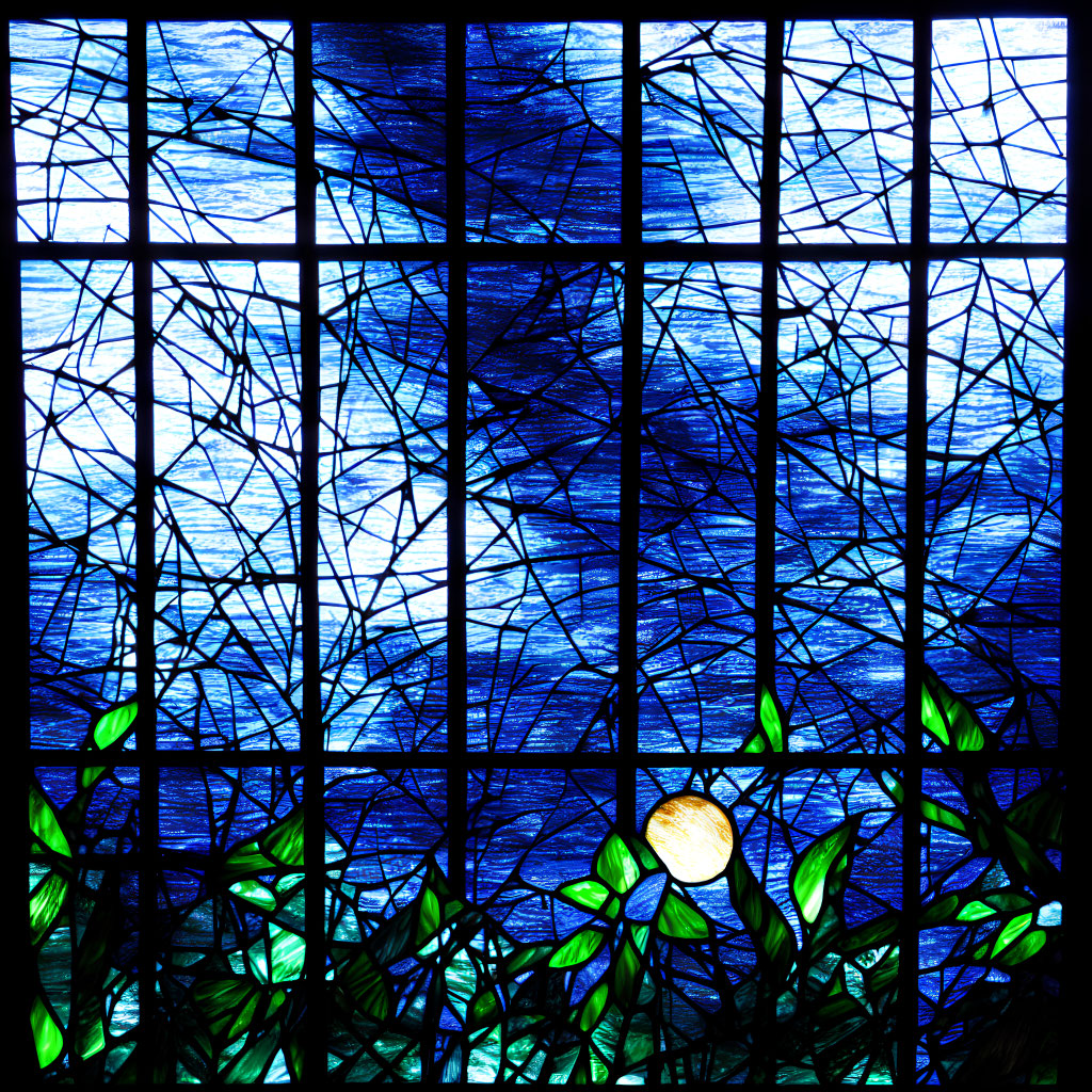 Colorful Stained Glass Window with Blue Patterns and Green Leaf Accents