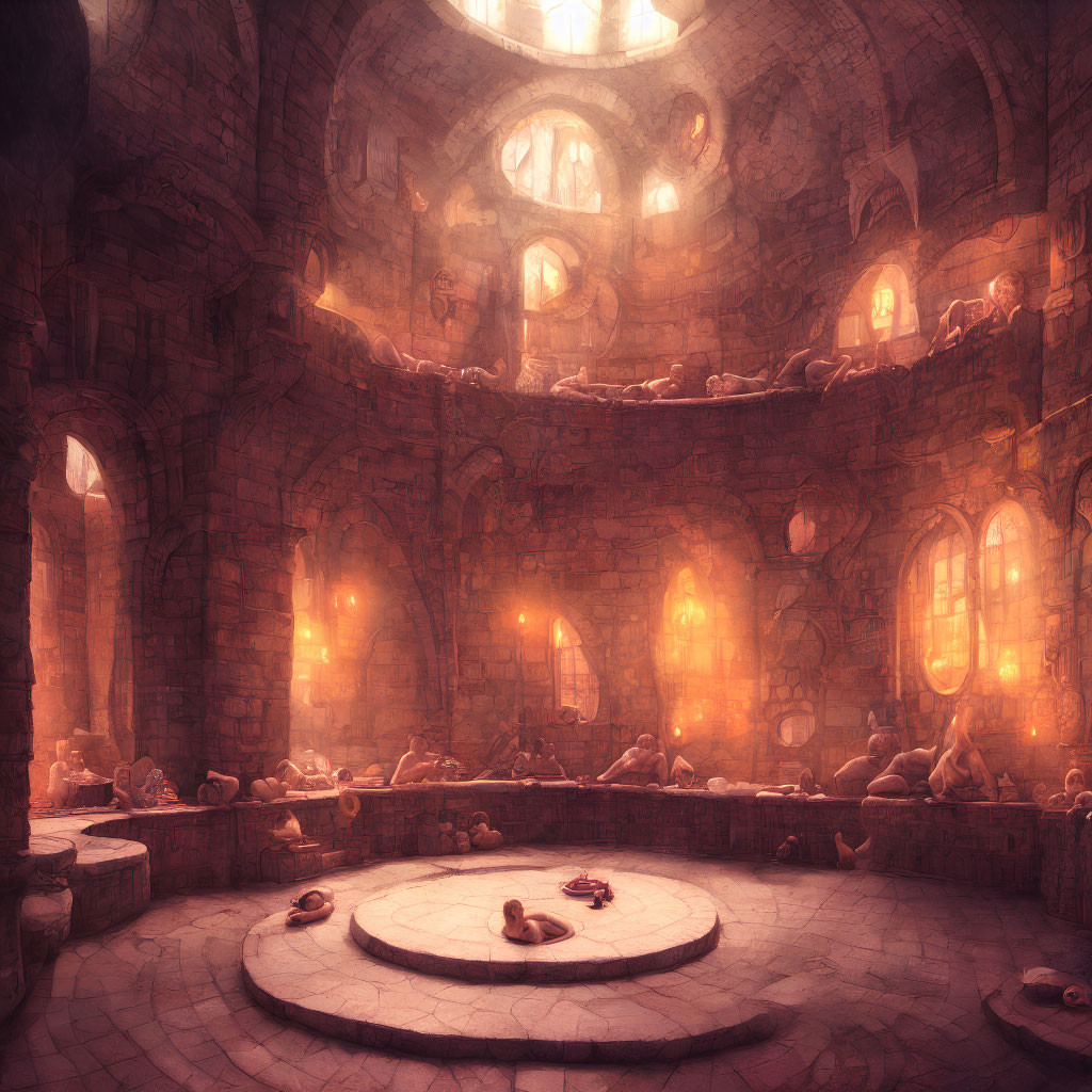 Circular stone hall with arched windows and warm lights, people reading in an ethereal library